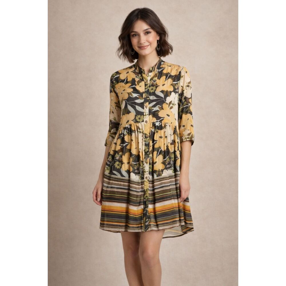 Blank London Dress Sz M Yellow Floral Womens Tunic Button Down Roll Tab Boho